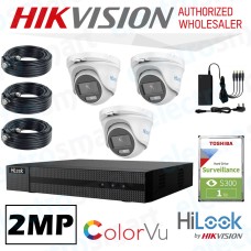 HiLook 2MP ColorVu KIT 3 x Cameras 1 x DVR 1TB 20m Cables Power Supply CCTV Security Kit
