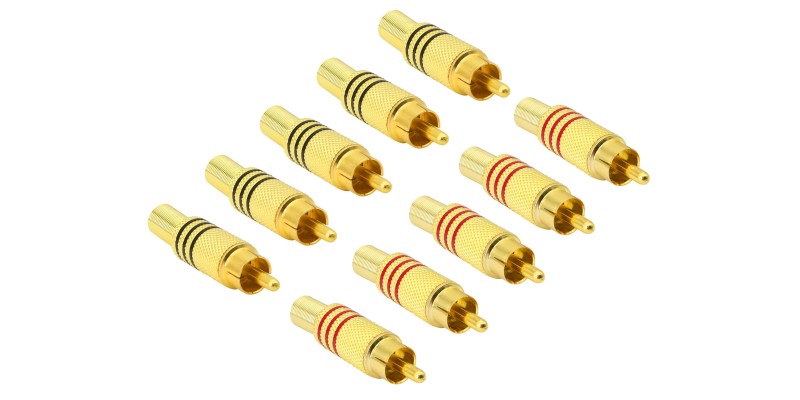 AudioPro 10 x Gold Plated RCA Phono Male Audio Plugs AV Stereo with Red Positive and Black Negative Polarity Lines