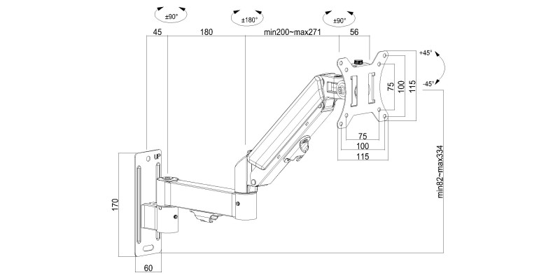 Beetronic Wall Mounted Gas Spring Monitor Arm 13 - 32" Computer Screen Height Adjustable