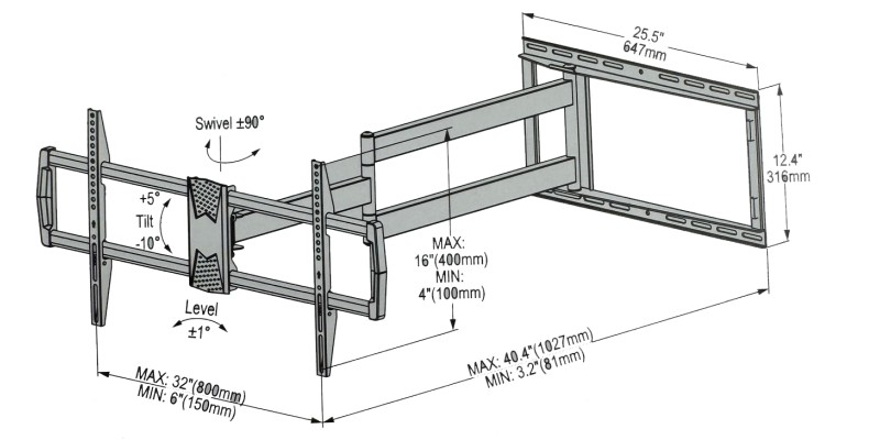 Part King 42" - 90" Extra Long Reach Arm Full Motion TV Wall Mount Bracket Tilt Swivel